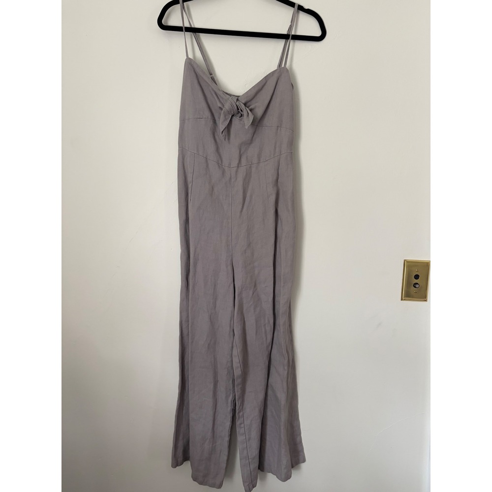 Elan Women Lavender Grey 100% Linen Tie Front Smocked Wide Leg Jumpsuit LL7182